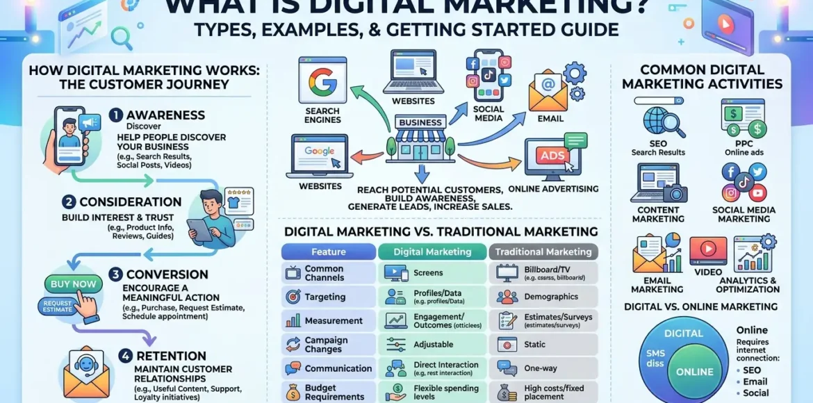 what-is-digital-marketing-types-examples-strategy Digital marketing illustration featuring SEO, social media marketing, paid advertising, email campaigns, and analytics.