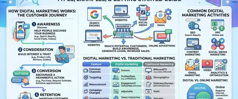 Digital marketing illustration featuring SEO, social media marketing, paid advertising, email campaigns, and analytics.